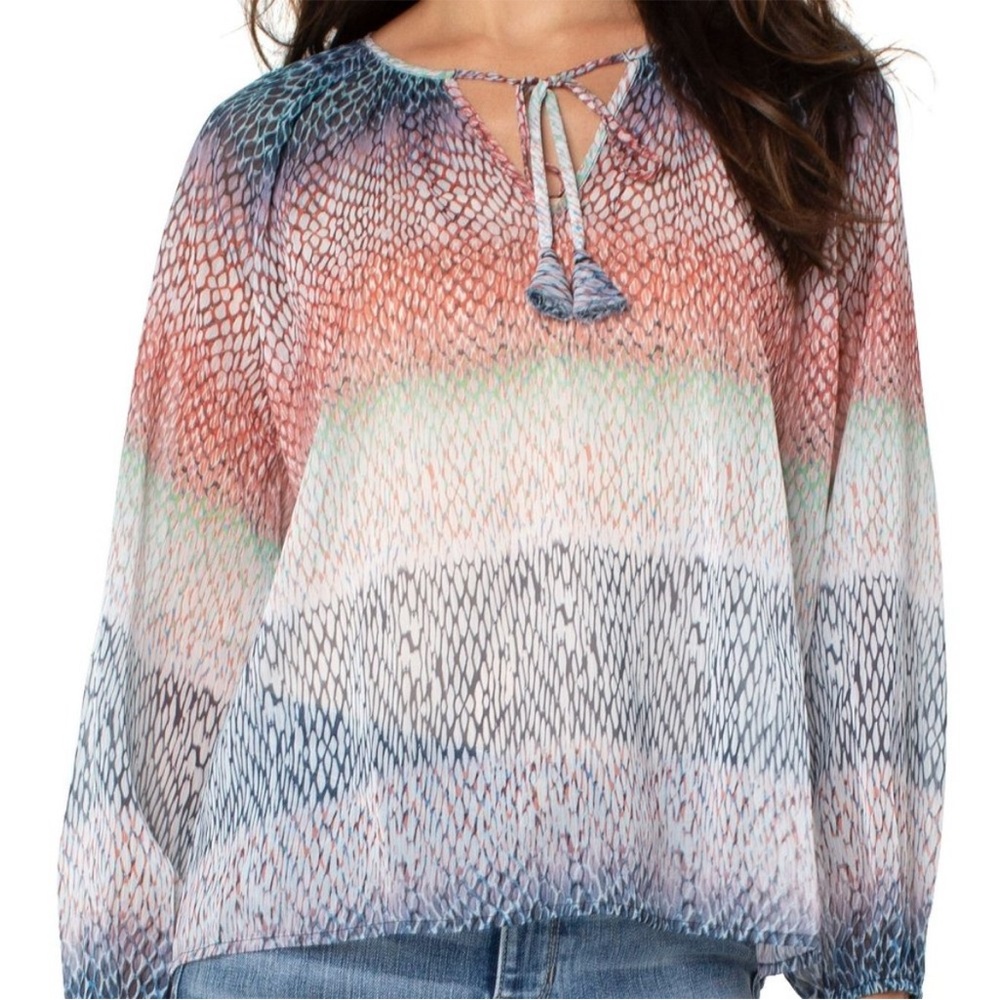 Liverpool Shirred Blouse With Neck Ties In Ombre Snake Print